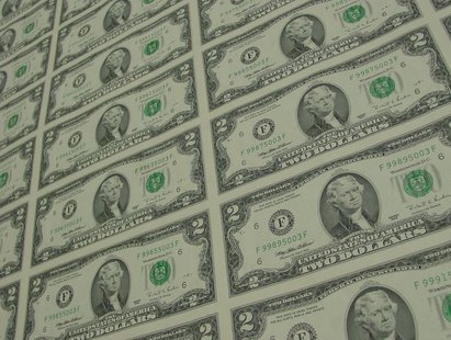 This photograph is of an United States two dollar uncut 32-subject (32-note) currency sheet. A 32-subject sheet is the largest sheet available from the Bureau of Engraving and Printing. The image is tilted, yet still allows you to see that there are 4 columns and 8 rows, which in this $2 uncut sheet, represents $64. The sheet photographed here contains 1995 series notes and was purchased in the first week of July 2001 from the Bureau of Engraving and Printing in Washington DC for $80. By Christo This photograph is of an United States two dollar uncut 32-subject (32-note) currency sheet. A 32-subject sheet is the largest sheet available from the Bureau of Engraving and Printing. The image is tilted, yet still allows you to see that there are 4 columns and 8 rows, which in this $2 uncut sheet, represents $64. The sheet photographed here contains 1995 series notes and was purchased in the first week of July 2001 from the Bureau of Engraving and Printing in Washington DC for $80. By Christo