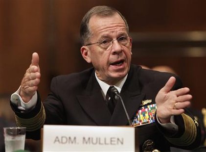 Admiral Michael Mullen testifies before a Senate Armed Service Committee hearing on his nomination for reappointment to the grade of admiral and reappointment as the Chairman of the Joint Chiefs of Staff on Capitol Hill in Washington September 15, 2009. REUTERS/Yuri Gripas
Admiral Michael Mullen testifies before a Senate Armed Service Committee hearing on his nomination for reappointment to the grade of admiral and reappointment as the Chairman of the Joint Chiefs of Staff on Capitol Hill in Washington September 15, 2009. REUTERS/Yuri Gripas