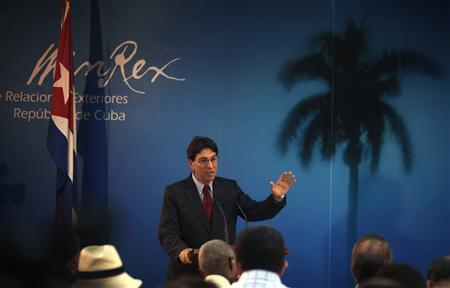 Cuban Foreign Minister Bruno Rodriguez speaks during a news conference in Havana September 16, 2009. REUTERS/Desmond Boylan
Cuban Foreign Minister Bruno Rodriguez speaks during a news conference in Havana September 16, 2009. REUTERS/Desmond Boylan