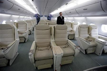 




A view of business class seating inside the Airbus A380 parked outside hangar 19 at JFK International Airport in New York March 19, 2007. REUTERS/Shannon Stapleton

