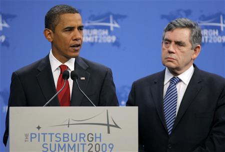 U.S. President Barack Obama (L) speaks at a press conference with British Prime Minister Gordon Brown (R) and France's President Sarkozy (not shown) at the Pittsburgh G20 Summit in Pittsburgh, Pennsylvania September 25, 2009. REUTERS/Brian Snyder
U.S. President Barack Obama (L) speaks at a press conference with British Prime Minister Gordon Brown (R) and France's President Sarkozy (not shown) at the Pittsburgh G20 Summit in Pittsburgh, Pennsylvania September 25, 2009. REUTERS/Brian Snyder