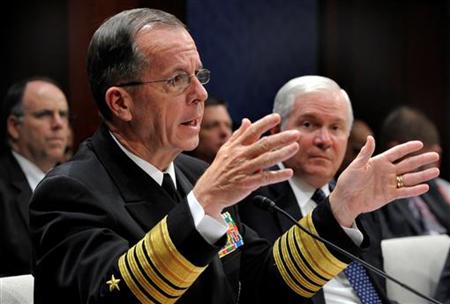 




Chairman of the Joint Chiefs of Staff Adm. Michael Mullen (L) makes remarks as U.S. Secretary of Defense Robert Gates listens as they testify before the House Defense Appropriations Subcommittee on the fiscal year 2010 defense budget, on Capitol Hill in Washington in this May 20, 2009 file photo. REUTERS/Mike Theiler

