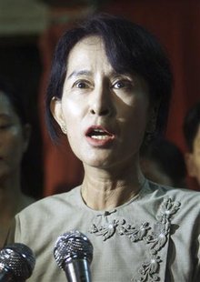 




Pro-democracy opposition leader Aung San Suu Kyi speaks to reporters at the headquarters of her National League for Democracy (NLD) in Yangon after being freed from 19 months of house arrest in this May 6, 2002 file photograph. REUTERS/Sukree Sukplang/Files

