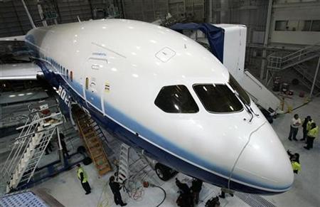 
The Boeing company's first 787 Dreamliner is readied for its first test flight, scheduled for June, at the Boeing company's Everett, Washington plant, April 30, 2009. REUTERS/Robert Sorbo

