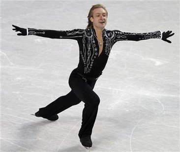 
Yevgeny Plushenko of Russia performs during the men's short program at the European Figure Skating Championships in Tallinn in this January 20, 2010 file photo. Plushenko has always had a passion for driving high-speed cars but after getting bored with life in the fast lane he has returned to the rink in pursuit of the ultimate adrenaline rush -- to defend his crown at the Vancouver Olympics. REUTERS/Grigory Dukor/Files
