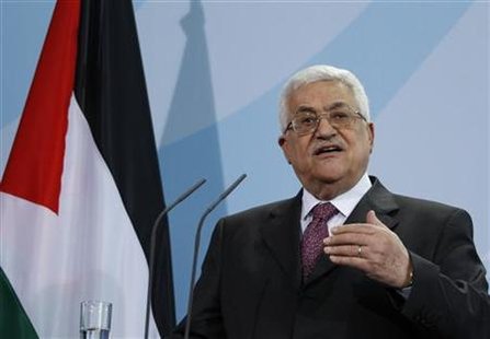 
Palestinian President Mahmoud Abbas speaks during a news conference after talks with German Chancellor Angela Merkel at the Chancellery in Berlin February 1 , 2010. REUTERS/Thomas Peter
