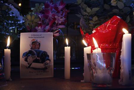 Candles light a memorial for Georgian athlete Nodar Kumaritashvili, in Whistler, British Columbia, February 13, 2010. Kumaritashvili was fatally injured during the final luge training session for the Vancouver 2010 Winter Olympics in the last corner of the track at the Whistler Sliding Centre on February 12, 2010. REUTERS/Tony Gentile
Candles light a memorial for Georgian athlete Nodar Kumaritashvili, in Whistler, British Columbia, February 13, 2010. Kumaritashvili was fatally injured during the final luge training session for the Vancouver 2010 Winter Olympics in the last corner of the track at the Whistler Sliding Centre on February 12, 2010. REUTERS/Tony Gentile