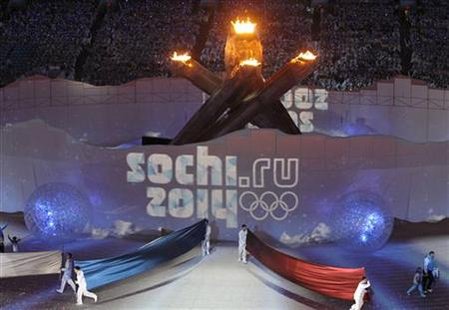 A tribute to Sochi, Russia, site of the 2014 Winter Olympics, is unveiled during the closing ceremony of the Vancouver 2010 Winter Olympics, February 28, 2010. REUTERS/Lucy Nicholson
A tribute to Sochi, Russia, site of the 2014 Winter Olympics, is unveiled during the closing ceremony of the Vancouver 2010 Winter Olympics, February 28, 2010. REUTERS/Lucy Nicholson
