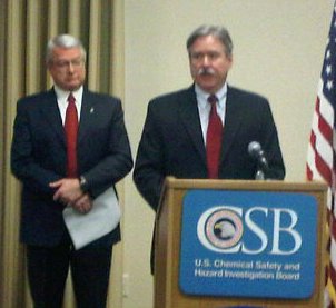 Chemical Safety Board investigations supervisor Don Holmstrom, right, releases new safety guidelines March 4, 2010, in the wake of a deadly explosion that killed three workers and injured a fourth at the Packaging Corporation of America plant in Tomahawk in July 2008.