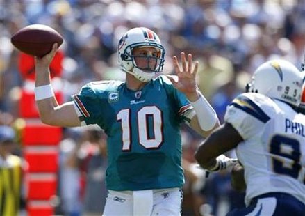 




Miami Dolphins quarterback Chad Pennington passes under pressure by San Diego Chargers linebacker Shaun Phillips during the first half of their NFL football game in San Diego, California September 27, 2009. REUTERS/Mike Blake

