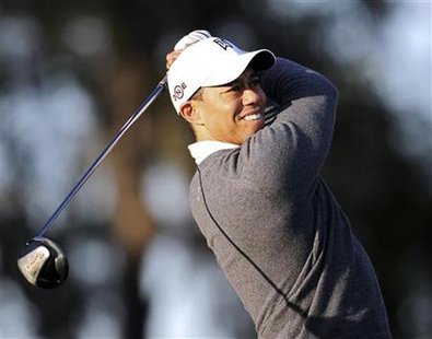 
Tiger Woods practices his swing outside his home in Windermere, Florida, February 18, 2010. REUTERS/Sam Greenwood/Pool
