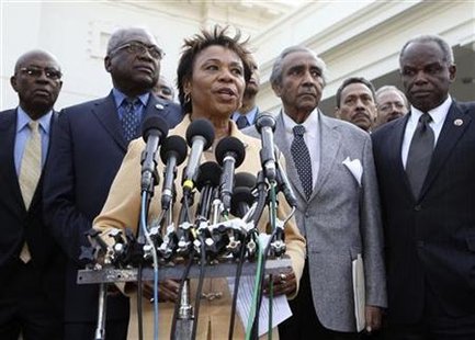 
Members of the Congressional Black Caucus, led by Chair Representative Barbara Lee (C), talk to the media following a meeting with U.S. President Barack Obama at the White House in Washington March 11, 2010. REUTERS/Larry Downing
