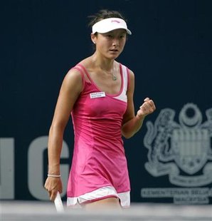 Yan Zi of China reacts after scoring point during her match against Ayumi Morita of Japan at the WTA Malaysian Open 2010 Tennis Championship in Kuala Lumpur February 24, 2010. REUTERS/Bazuki Muhammad
Yan Zi of China reacts after scoring point during her match against Ayumi Morita of Japan at the WTA Malaysian Open 2010 Tennis Championship in Kuala Lumpur February 24, 2010. REUTERS/Bazuki Muhammad