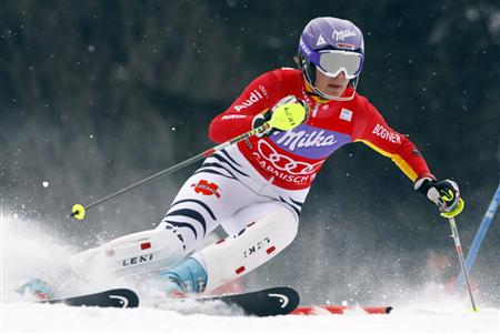 
Maria Riesch of Germany clears a gate during the first run of the women's Alpine Skiing World Cup Slalom in Garmisch-Partenkirchen March 13, 2010. REUTERS/Wolfgang Rattay
