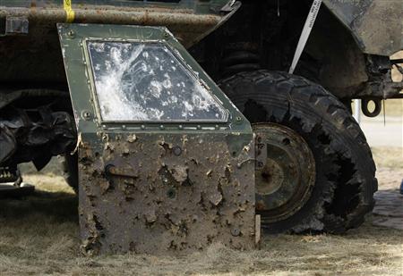 
The door of a damaged Dingo APC is seen during a inaugural visit of German Defence Minister Karl-Theodor zu Guttenberg at the German Joint Support Services in the western city of Grafschaft Gelsdorf March 10, 2010. REUTERS/Ina Fassbender
