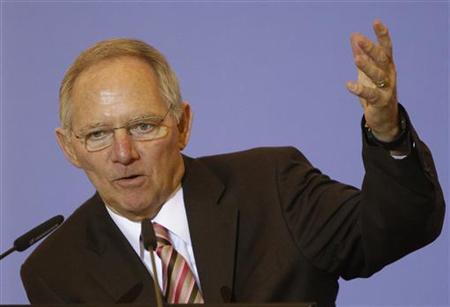 
German Interior Finance Minister Wolfgang Schaeuble speaks during a presentation of charity sport stamps at the Finance Ministry in Berlin February 10, 2010. REUTERS/Thomas Peter
