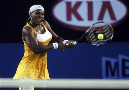 
Serena Williams of the U.S. plays a shot against Justine Henin of Belgium during the women's final match of the Australian Open tennis tournament in Melbourne in this January 30, 2010 file photo. REUTERS/Mark Kolbe/Pool
