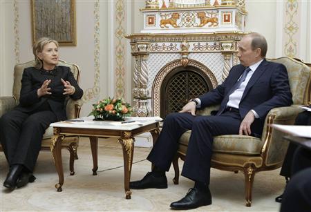 
U.S. Secretary of State Hilary Clinton (R) and Russian Prime Minister Vladimir Putin meet at the presidential residence Novo-Ogaryovo outside Moscow, March 19, 2010. REUTERS/RIA Novosti/Pool/Alexei Nikolsky
