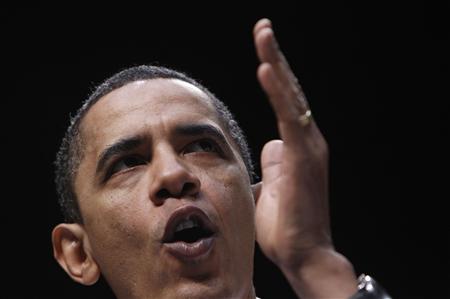 
President Barack Obama delivers remarks on health insurance reform at George Mason University's Patriot Center in Fairfax, Virginia, March 19, 2010. REUTERS/Jim Young
