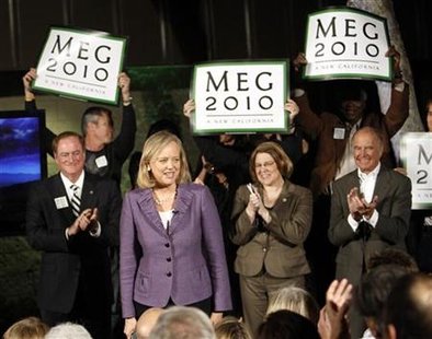 
California Republican Gubernatorial candidate and former eBay chief executive Meg Whitman is applauded at the conclusion of her speech before the opening of her campaign's Orange County headquarters in Costa Mesa, California February 22, 2010. REUTERS/Mario Anzuoni

