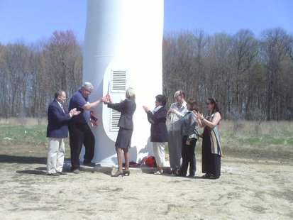 Lieutenant Governor Barbara Lawton is joined by the Wausau school board and the Walter Alexander Foundation in cutting the ribbon on the district's new Outdoor Renewable Energy Learning Center, April 22, 2010