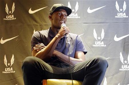Triple Olympic and world champion Usain Bolt of Jamaica speaks during a news conference about the Penn Relays in Philadelphia, Pennsylvania, April 23, 2010. REUTERS/Tim Shaffer
Triple Olympic and world champion Usain Bolt of Jamaica speaks during a news conference about the Penn Relays in Philadelphia, Pennsylvania, April 23, 2010. REUTERS/Tim Shaffer