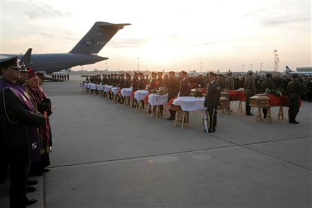 Soldiers stand in front of the coffins of the last victims to be repatriated from the Polish government's Tupolev TU-154 plane crash in Russia, during a ceremony at an airport in Warsaw April 23, 2010. REUTERS/Wojciech Olkusnik/Agencja Gazeta
Soldiers stand in front of the coffins of the last victims to be repatriated from the Polish government's Tupolev TU-154 plane crash in Russia, during a ceremony at an airport in Warsaw April 23, 2010. REUTERS/Wojciech Olkusnik/Agencja Gazeta