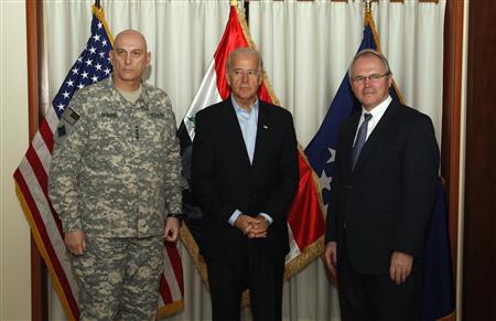 Vice President Joe Biden (C) poses for the media with top U.S. military commander in Iraq General Raymond Odierno (L) and U.S. Ambassador Chris Hill at the U.S. Embassy in Baghdad January 22, 2010. REUTERS/Thaier Al-Sudani
Vice President Joe Biden (C) poses for the media with top U.S. military commander in Iraq General Raymond Odierno (L) and U.S. Ambassador Chris Hill at the U.S. Embassy in Baghdad January 22, 2010. REUTERS/Thaier Al-Sudani