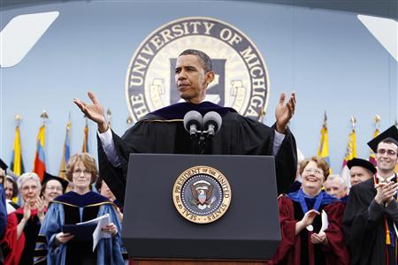 President Barack Obama speaks at the University of Michigan commencement ceremony in Ann Arbor, Michigan May 1, 2010. REUTERS/Kevin Lamarque
President Barack Obama speaks at the University of Michigan commencement ceremony in Ann Arbor, Michigan May 1, 2010. REUTERS/Kevin Lamarque