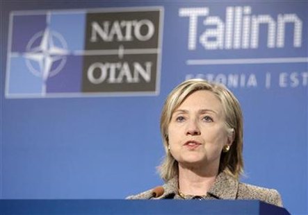 
Secretary of State Hillary Clinton speaks at a news conference during the informal NATO Foreign Ministers meeting in Tallinn April 23, 2010. REUTERS/Ints Kalnins
