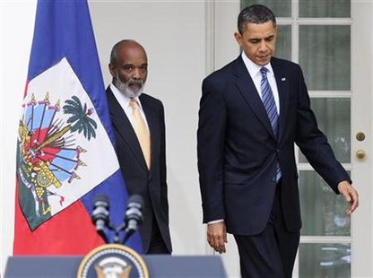 U.S. President Barack Obama (R) and President of Haiti Rene Preval (L) arrive from the Oval Office to deliver remarks in the Rose Garden after meeting at the White House in Washington March 10, 2010 file photo. REUTERS/Jonathan Ernst
U.S. President Barack Obama (R) and President of Haiti Rene Preval (L) arrive from the Oval Office to deliver remarks in the Rose Garden after meeting at the White House in Washington March 10, 2010 file photo. REUTERS/Jonathan Ernst