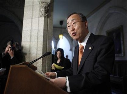 United Nations Secretary-General Ban Ki-moon speaks during a news conference on Parliament Hill in Ottawa May 12, 2010. REUTERS/Blair Gable
United Nations Secretary-General Ban Ki-moon speaks during a news conference on Parliament Hill in Ottawa May 12, 2010. REUTERS/Blair Gable
