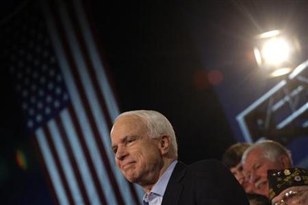 U.S. Senator John McCain (R-AZ) waits to be introduced during a campaign rally at Dobson High School in Mesa, Arizona March 27, 2010. REUTERS/Joshua Lott
U.S. Senator John McCain (R-AZ) waits to be introduced during a campaign rally at Dobson High School in Mesa, Arizona March 27, 2010. REUTERS/Joshua Lott