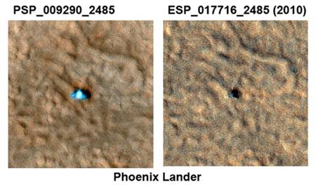 Two images of the Phoenix Mars Lander taken from Martian orbit in 2008 (L) and 2010 are shown in this handout combination photo from NASA released to Reuters May 24, 2010. NASA has ended operations with the Mars Lander after successive attempts to contact it failed. The 2008 lander image shows two blue spots on either side corresponding to the spacecraft's clean circular solar panels; and the 2010 image (R) shows a dark shadow that could be the
Two images of the Phoenix Mars Lander taken from Martian orbit in 2008 (L) and 2010 are shown in this handout combination photo from NASA released to Reuters May 24, 2010. NASA has ended operations with the Mars Lander after successive attempts to contact it failed. The 2008 lander image shows two blue spots on either side corresponding to the spacecraft's clean circular solar panels; and the 2010 image (R) shows a dark shadow that could be the