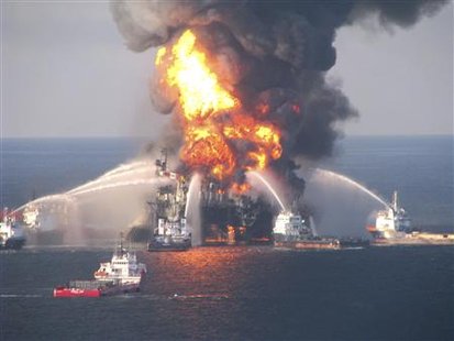Fire boat response crews battle the blazing remnants of the off shore oil rig Deepwater Horizon, off Louisiana, in this handout photograph taken on April 21, 2010 and obtained on April 22. Eleven workers were missing and 17 injured in an explosion at the Transocean oil drilling rig, and crews were fighting the fire 16 hours later, the U.S. Coast Guard said on Wednesday. An estimated 126 people were aboard the Deepwater Horizon at the time of the
Fire boat response crews battle the blazing remnants of the off shore oil rig Deepwater Horizon, off Louisiana, in this handout photograph taken on April 21, 2010 and obtained on April 22. Eleven workers were missing and 17 injured in an explosion at the Transocean oil drilling rig, and crews were fighting the fire 16 hours later, the U.S. Coast Guard said on Wednesday. An estimated 126 people were aboard the Deepwater Horizon at the time of the