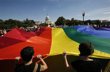 Participants carry a large rainbow flag towards the U.S. Capitol during a gay rights demonstration in Washington October 11, 2009. REUTERS/Molly Riley
Participants carry a large rainbow flag towards the U.S. Capitol during a gay rights demonstration in Washington October 11, 2009. REUTERS/Molly Riley