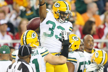 Brandon Underwood #33 of the Green Bay Packers celebrates a turnover against the Arizona Cardinals during the third quarter of the 2010 NFC wild-card playoff game at University of Phoenix Stadium on January 10, 2010 in Glendale, Arizona. 
(January 9, 2010 - Photo by Christian Petersen/Getty Images North America) 