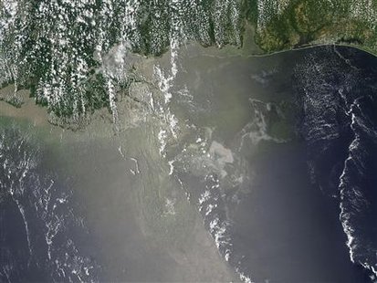 NASA's Aqua satellite image over the Gulf of Mexico taken on June 10, 2010, at 19:05 UTC (3:05 p.m. EDT) shows the satellite's Moderate Resolution Imaging Spectroradiometer (MODIS) instrument capturing an image of the thickest part of the oil slick. Areas where thick oil cover the water are nearly white in this image. REUTERS/Rob Gutro /Holli Riebeek, NASA's Goddard Space Flight Center/Handout
NASA's Aqua satellite image over the Gulf of Mexico taken on June 10, 2010, at 19:05 UTC (3:05 p.m. EDT) shows the satellite's Moderate Resolution Imaging Spectroradiometer (MODIS) instrument capturing an image of the thickest part of the oil slick. Areas where thick oil cover the water are nearly white in this image. REUTERS/Rob Gutro /Holli Riebeek, NASA's Goddard Space Flight Center/Handout
