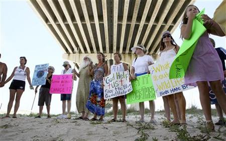 
Protesters and members of Guardians of the Gulf, an environmental and animal rights activist group, hold hands and display placards as they rally against BP under the Perdido Pass bridge in Orange Beach, Alabama June 12, 2010. REUTERS/ Lyle W. Ratliff
