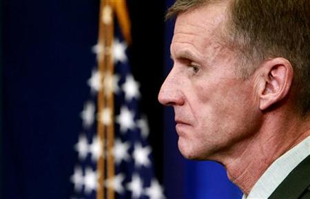 
U.S. Army General Stanley McChrystal, commander of the U.S. Forces in Afghanistan, listens to a question from a reporters in the briefing room of the White House in Washington May 10, 2010. REUTERS/Kevin Lamarque
