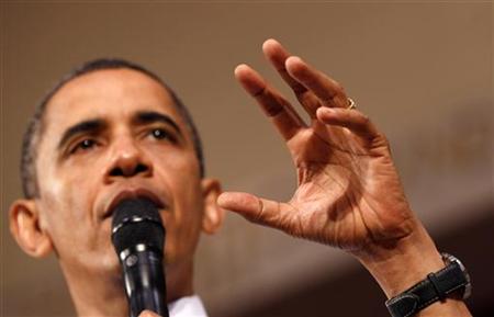 President Barack Obama holds a town hall meeting about the economy at the Racine Memorial Hall in Wisconsin, June 30, 2010. REUTERS/Larry Downing
President Barack Obama holds a town hall meeting about the economy at the Racine Memorial Hall in Wisconsin, June 30, 2010. REUTERS/Larry Downing