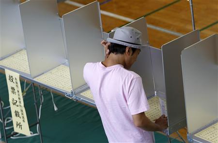 A voter fills out a ballot for Japan's upper house election at a polling station in Tokyo July 11, 2010. REUTERS/Yuriko Nakao
A voter fills out a ballot for Japan's upper house election at a polling station in Tokyo July 11, 2010. REUTERS/Yuriko Nakao