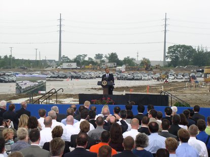President Obama speaks at the LG-Chem’s Compact Power lithium-ion battery-making plant groundbreaking on the Tulip City’s far southeast corner.  July 15, 2010.