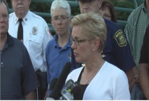 Michigan Governor Jennifer Granholm speaks about the Midwest Oil Spill in Battle Creek, Michigan