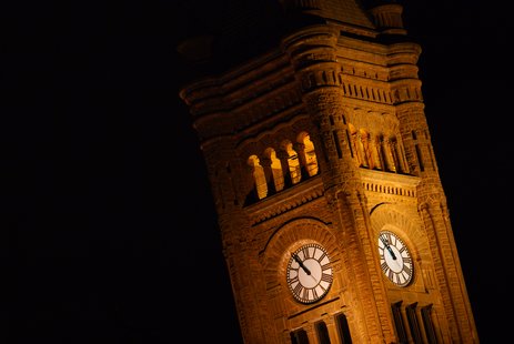 Clock tower illuminated at night.    Photo courtesy of Joseph Yetman Photography, LLC    www.josephyetmanphotography.com  