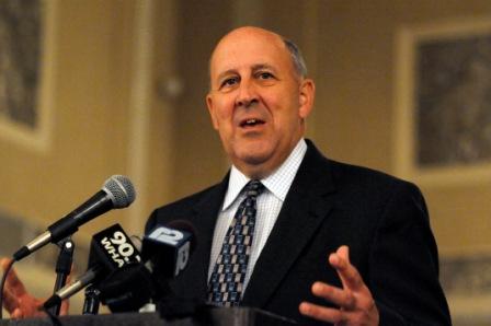 Former Wisconsin Governor Jim Doyle speaks to reporters.