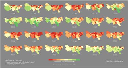 
Computer scientists at Northeastern University in Boston, Mass. created a mood map based on 300 million Twitter comments. On the map mood ranges from happiest in dark green to the least happy in red. REUTERS/Northeastern University/Handout

