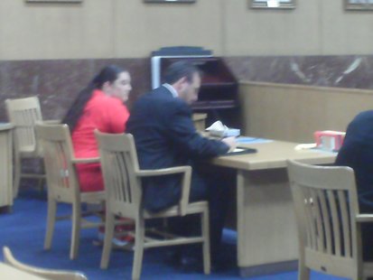 Defendant Stacey Conklin at a preliminary hearing with her attorney Peter Rotter, July 28 2010