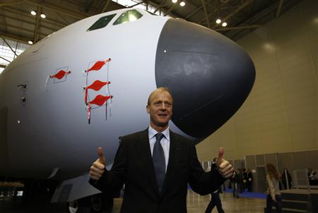 
Airbus Chief Executive Tom Enders poses in front of the Airbus A400M military transport plane before a news conference in Seville January 12, 2010. REUTERS/Marcelo del Pozo/Files
