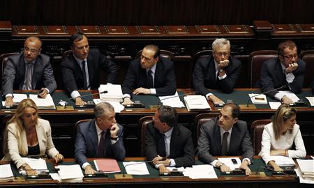 
Italy's Prime Minister Silvio Berlusconi (rear C) votes as he is flanked by his ministers during a debate at Italy's upper house of Parliament in Rome July 29, 2010 REUTERS/Alessandro Bianchi
